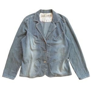 Barbara Lesser Fibers Jeans Hickory Stripe Denim Blazer Jacket Blue XL
